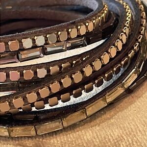 Trendy Mirror Stud and Brown Wrap Bracelet 16 1/2”